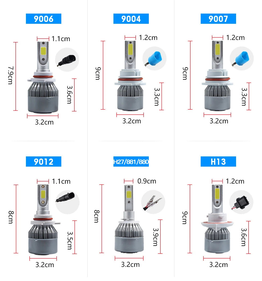2x H7 LED Car Headlight Bulbs - H1, H3, H4, H8, HB1, HB3, HB4, H11, H13, H27, 9005, 9006, HIR2, 3000K, 6000K, 8000K COB C6 Car Lights