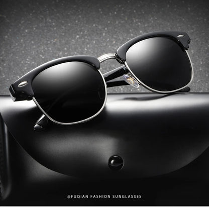 Classic Half Frame Polarized Sunglasses – Retro Rivet Design for Men & Women, Anti-Glare Black Travelling Shades