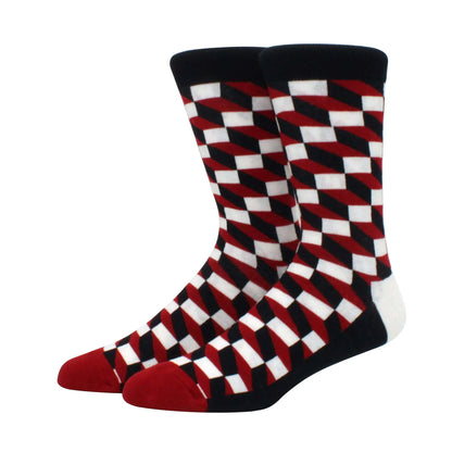 Men’s Funny Argyle Diamond Pattern Cotton Socks – Large Size 3D Geometric Crew Tube Socks, Combed Cotton Casual Novelty Socks