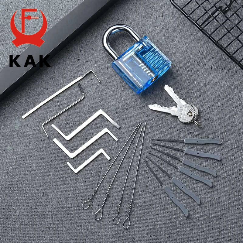 KAK Transparent Practice Padlock Set - Cutaway Training Lock with Broken Key Extractor Hooks and Locksmith Tools