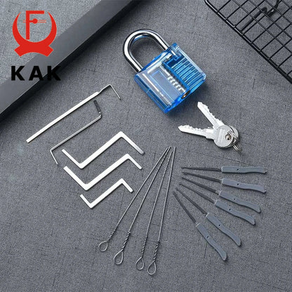 KAK Transparent Practice Padlock Set - Cutaway Training Lock with Broken Key Extractor Hooks and Locksmith Tools