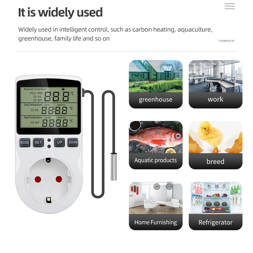KT3100 Temperature Controller - Multi-Function Thermostat Outlet with Timer, Sensor Probe & Heating/Cooling Control
