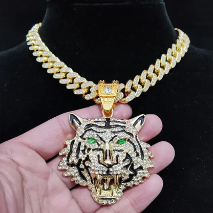 3D Tiger Pendant Necklace - Iced Out Crystal Cuban Chain Hip Hop Jewelry for Men & Women