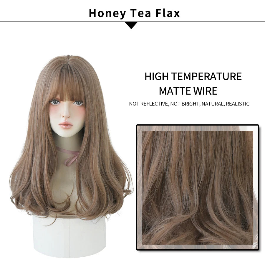 7JHHWIGS Long Straight Light Brown Synthetic Wig with Bangs – Heat-Resistant Daily Wear Wig for Women