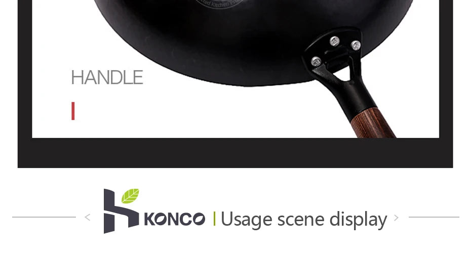 Konco 32cm Pure Cast Iron Wok – Non-Coated Chinese Wok Pan for Gas & Induction Cookers