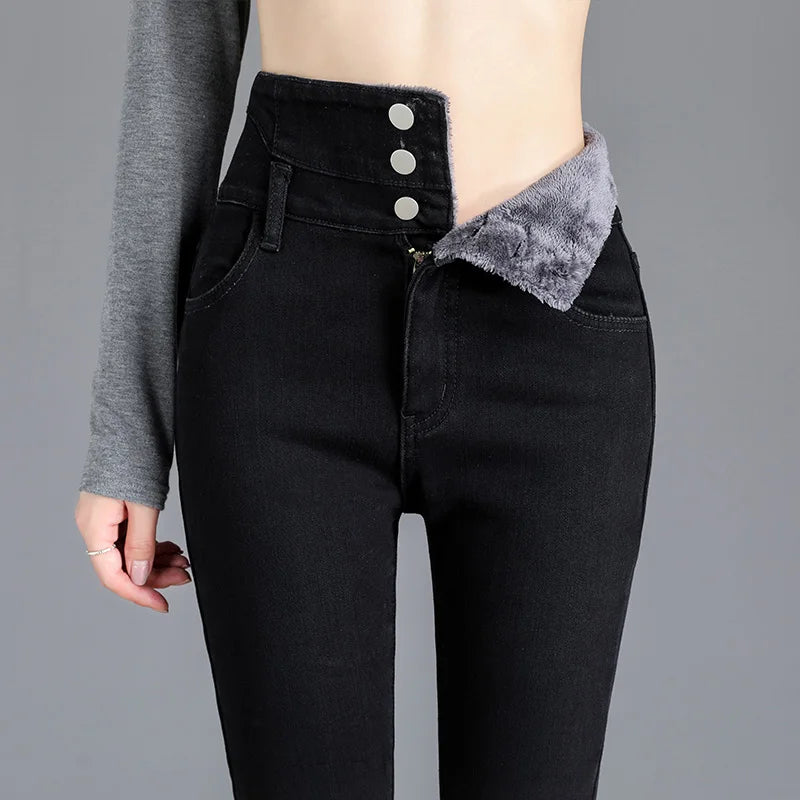 Thermal Fleece-Lined High-Waist Skinny Jeans for Women - Warm Stretch Velvet Pencil Pants with Button Closure