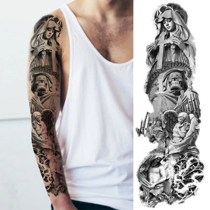 Temporary Tattoo Sleeve - Realistic Full Arm Skull Angel Maori Design Tattoo Sticker for Men & Women