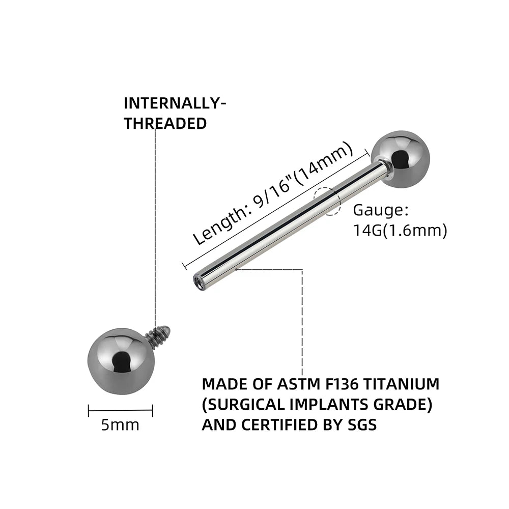 5Pcs Right Grand ASTM F136 Implant Grade Titanium Straight Barbell Tongue Ring – Internal Thread Body Piercing Jewelry (12–25mm)