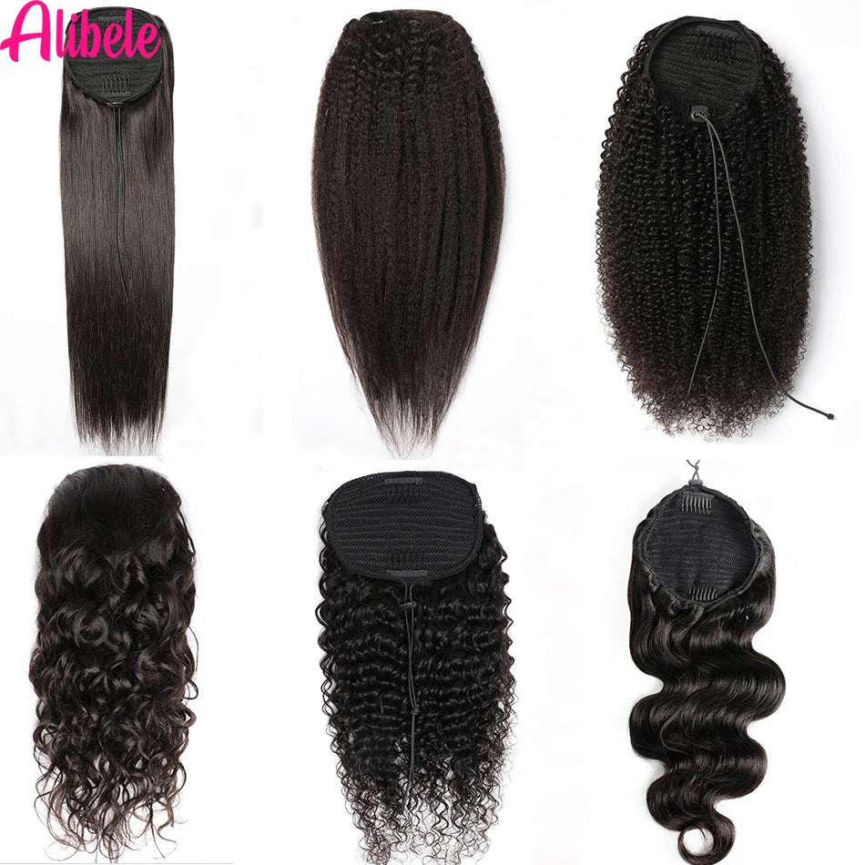 Alibele Mongolian Afro Kinky Curly Drawstring Ponytail – 4B/4C Remy Human Hair Extensions 10-28 Inch Clip-In