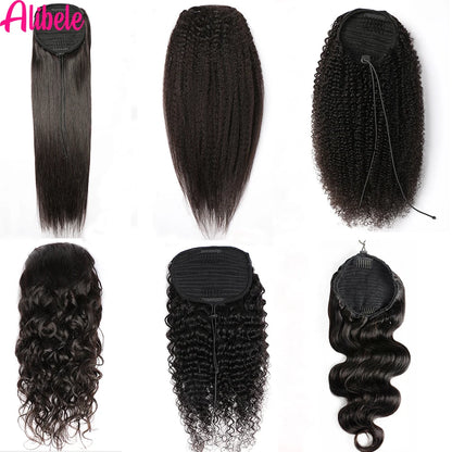 Alibele Mongolian Afro Kinky Curly Drawstring Ponytail – 4B/4C Remy Human Hair Extensions 10-28 Inch Clip-In