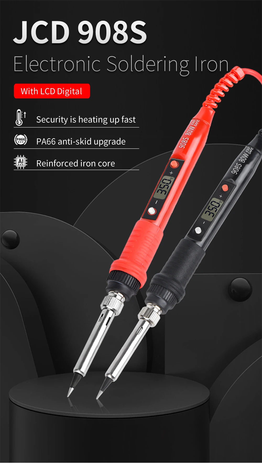JCD 220V 80W LCD Electric Soldering Iron 908S – Adjustable Temperature with Quality Tips & Soldering Kit