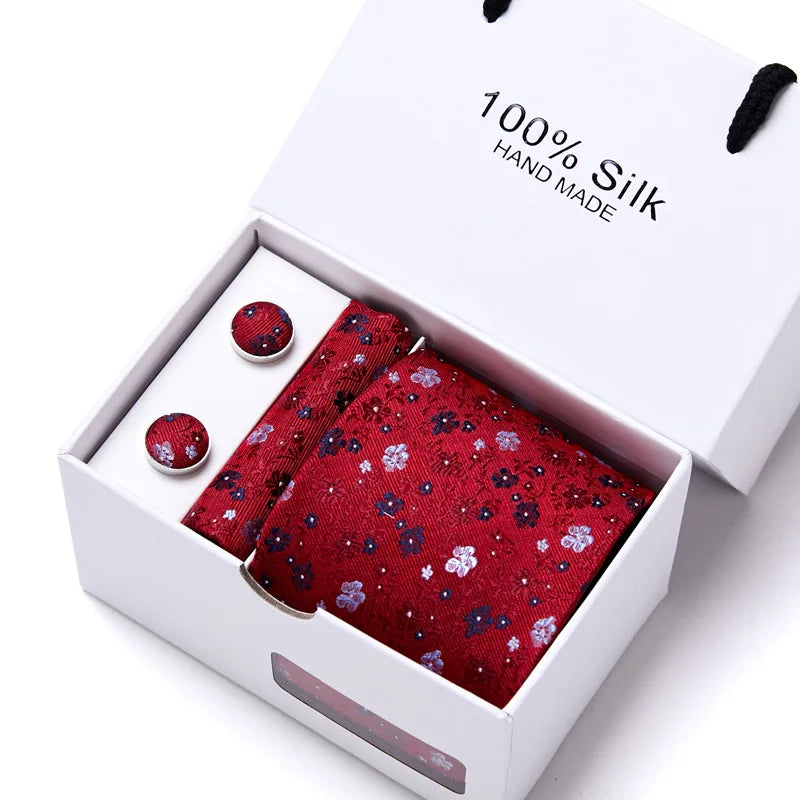 100% Silk Men’s Tie Gift Set - Classic 7.5cm Striped Floral Necktie with Handkerchief for Office, Party & Wedding Formal Wear