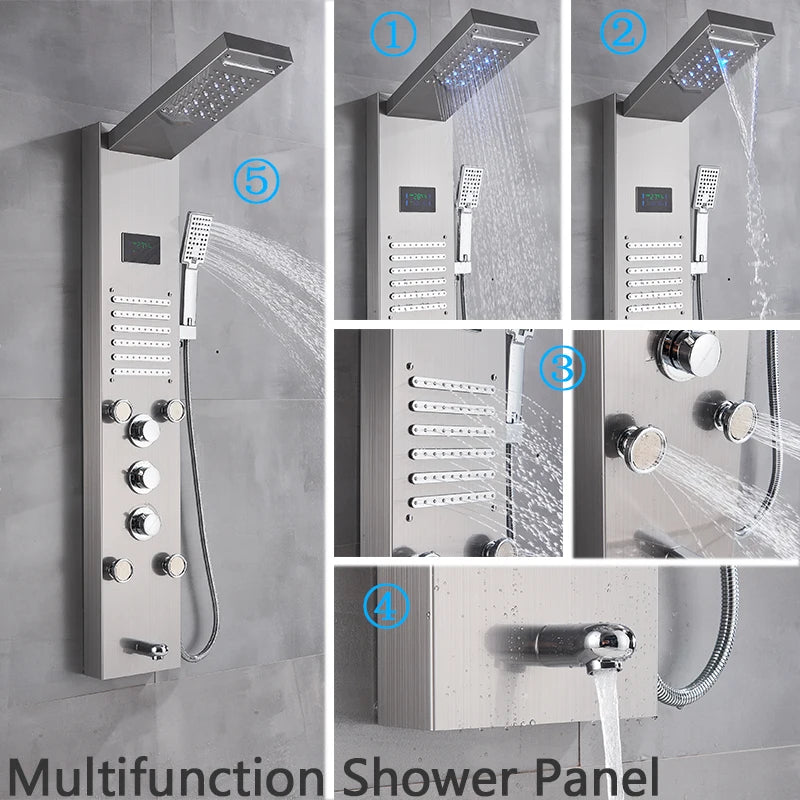 Brushed Nickel Bathroom Shower Column - Wall-Mounted Black LED Shower Panel with Digital Screen, 6 Modes & Rainfall Mixer Tap