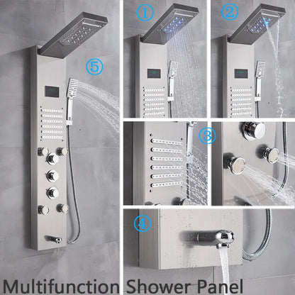 Brushed Nickel Bathroom Shower Column - Wall-Mounted Black LED Shower Panel with Digital Screen, 6 Modes & Rainfall Mixer Tap