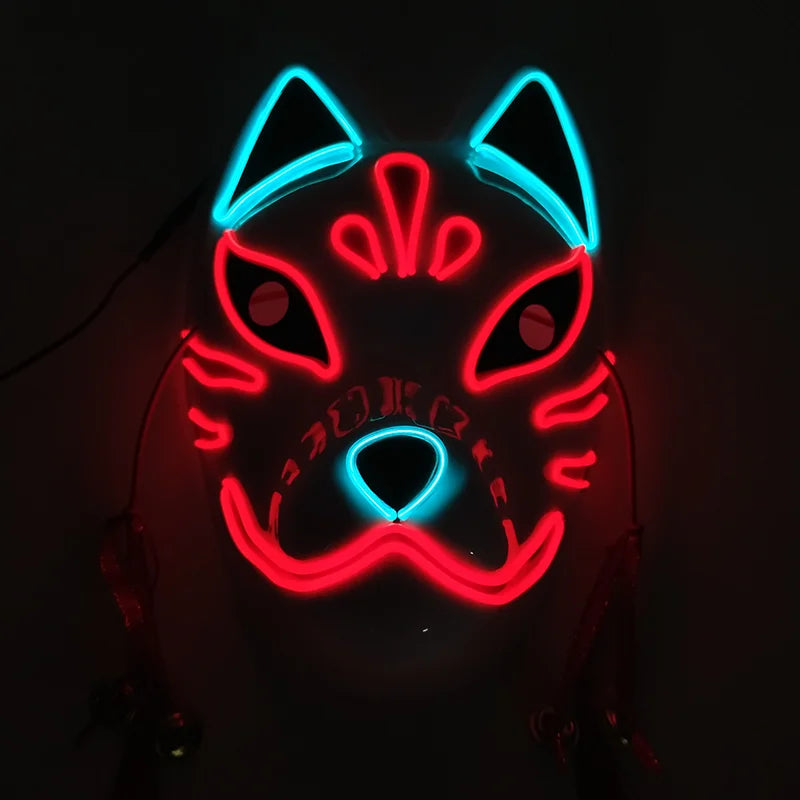 Glowing LED Fox Mask – Neon Japanese Anime-Inspired Samurai Cosplay Mask for Halloween, Christmas & Costume Parties