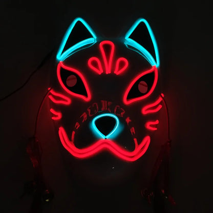 Glowing LED Fox Mask – Neon Japanese Anime-Inspired Samurai Cosplay Mask for Halloween, Christmas & Costume Parties