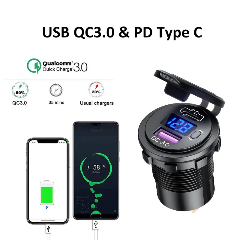 Car USB Charger with QC3.0 PD Type C and Switch Socket - for 12V/24V Vehicles, Boat, Motorcycle, SUV, Bus, Truck, Caravan, Marine
