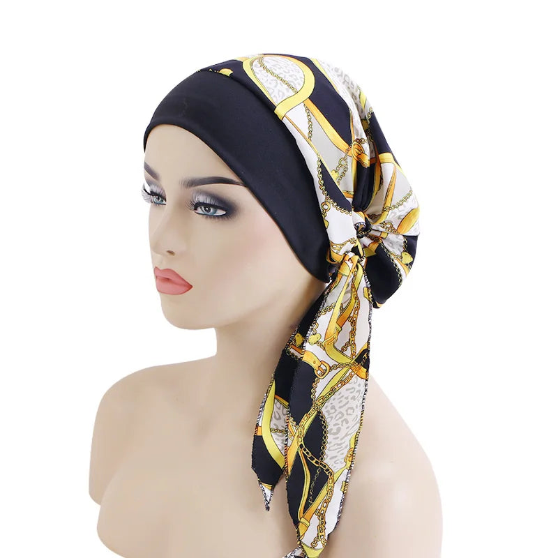 Women’s Pre-Tied Turban Cap – Muslim Hijab & Chemo Hair Loss Head Scarf with Flower Print Stretch Bandana