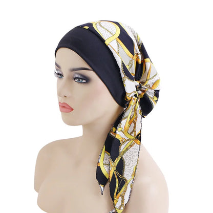 Women’s Pre-Tied Turban Cap – Muslim Hijab & Chemo Hair Loss Head Scarf with Flower Print Stretch Bandana