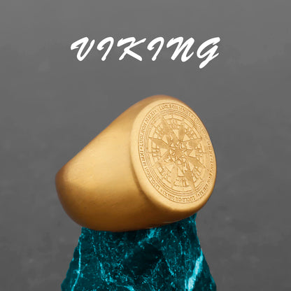 Nordic Viking Stainless Steel Ring - Compass Tree of Life Rune Wolf Amulet Jewelry for Men & Women