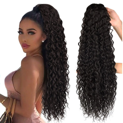 Long 32-Inch Curly Ponytail Extensions - Synthetic Drawstring Afro Water Wave Ponytail Wig for Women, Hairpiece Clip-in False Pony Tail