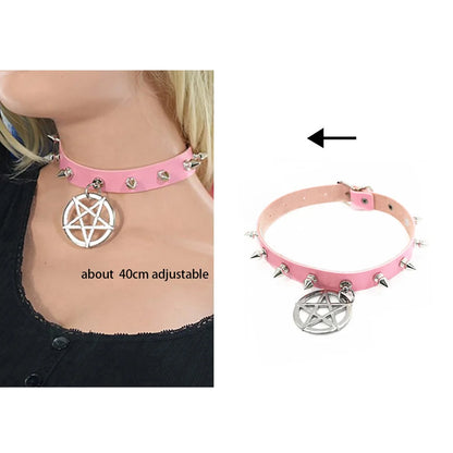 Pink Gothic Collar Necklace – Trendy Rock Leather Heart with Rivets, Harajuku Punk Choker Jewelry for Women, Gift Idea
