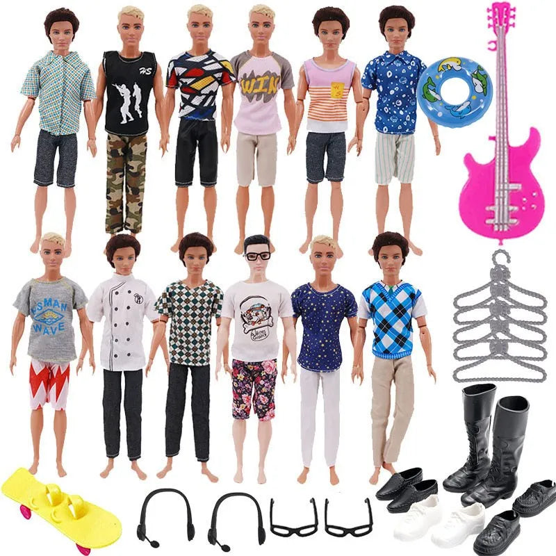 30-Piece Ken Doll Accessories Set — Clothes, Glasses, Shoes, Hangers, Guitar, Skateboard & Headsets for Barbie Dolls, DIY Toy for Girls