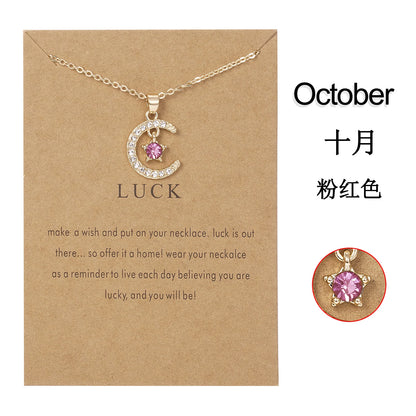 Fashion Birthstone Moon & Star Crystal Pendant Necklace – Women’s Clavicle Chain Choker Jewelry Gift for Parties & Birthdays