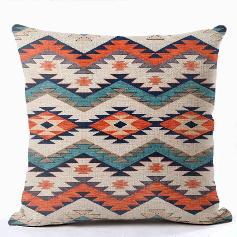 Bohemian Linen Cushion Cover – Multicolor Ethnic Geometric Pattern Decorative Pillow for Living Room Sofa
