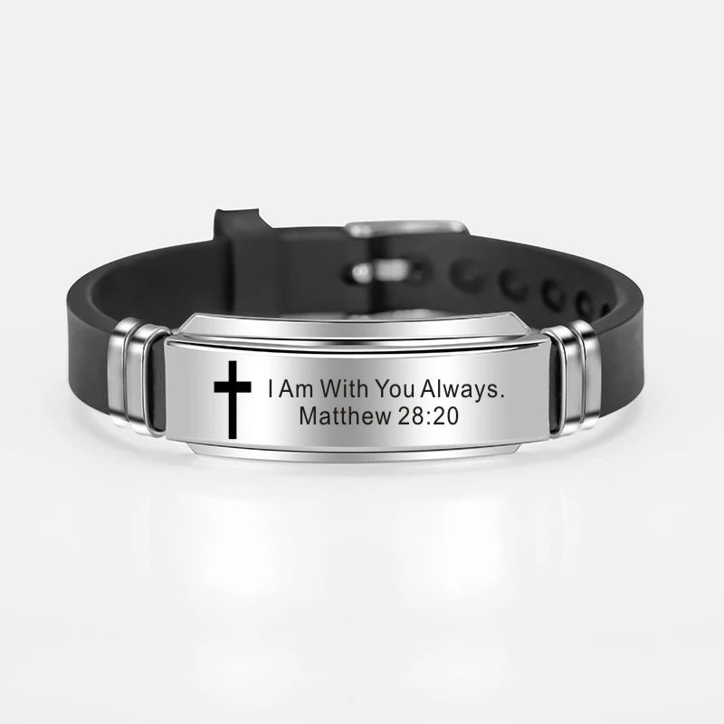 Cross Jesus Scripture Quote Bracelet – Christian Bible Verse Stainless Steel & Silicone Wristband