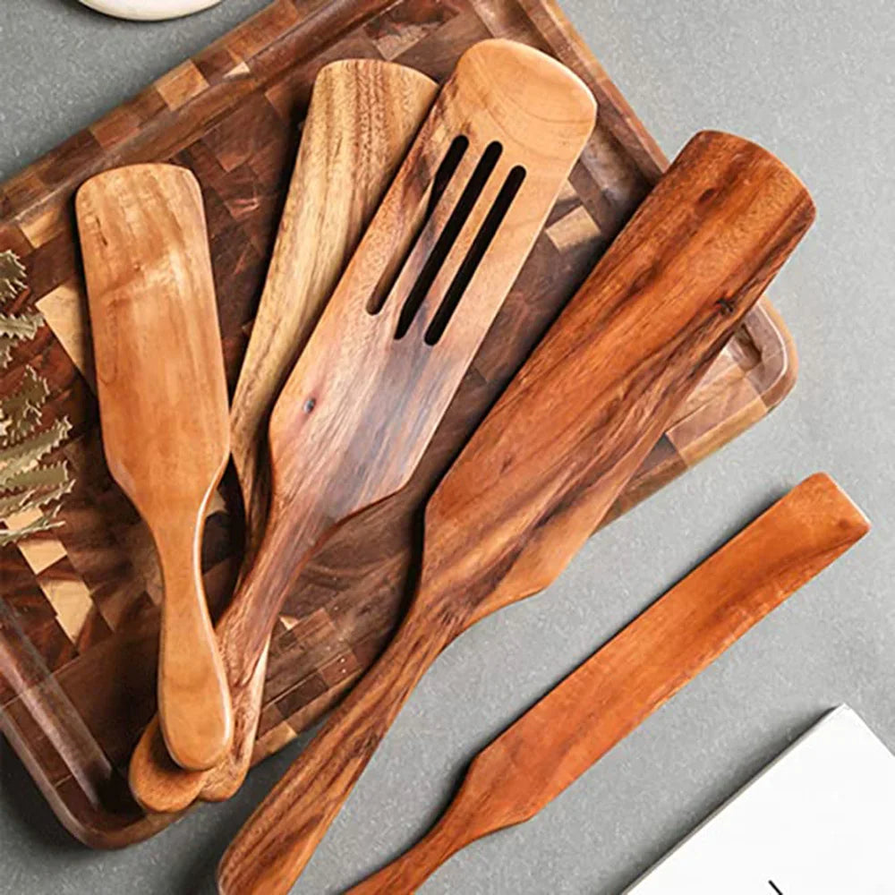 1-7pcs Teak Wood Tableware Set – Natural Wooden Spoons, Colander Spoon & Soup Skimmer Cooking Tool Kit