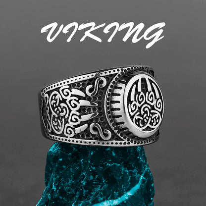 Nordic Viking Stainless Steel Ring - Compass Tree of Life Rune Wolf Amulet Jewelry for Men & Women