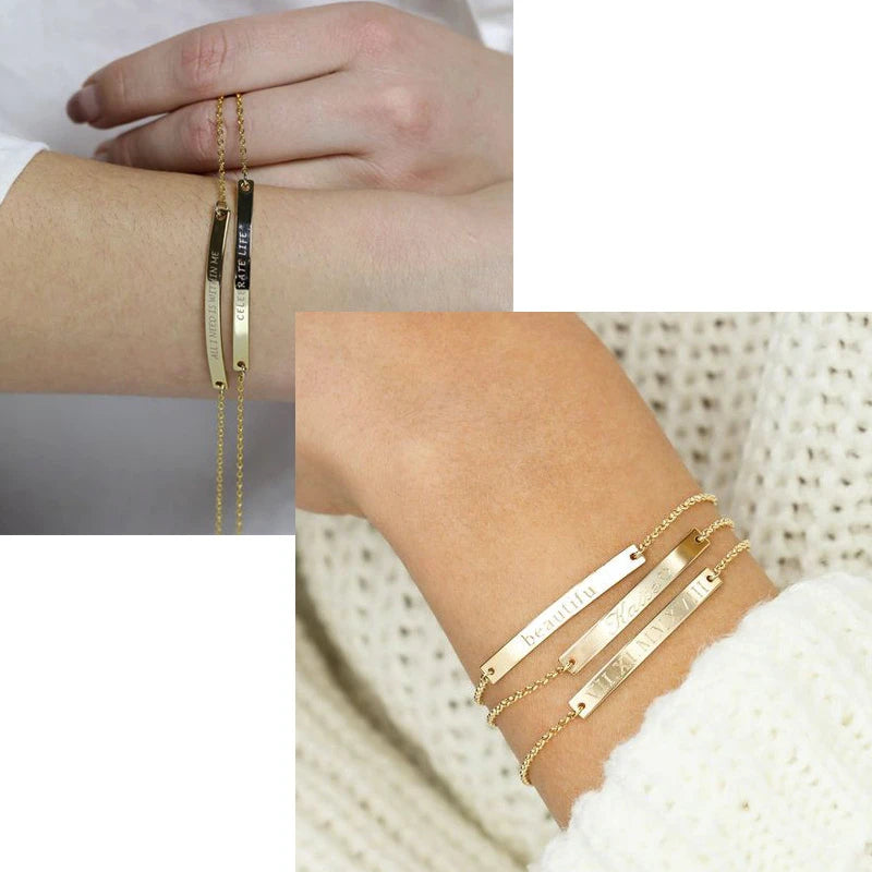 Elegant Personalized ID Bar Bracelet – 5mm Stainless Steel Link Chain for Women with Custom Name or Quote