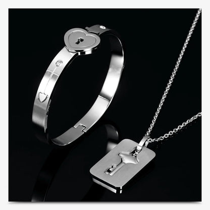 Couple Jewelry Set – Stainless Steel Love Heart Lock Bracelets & Key Pendant Necklace for Men & Women Gift