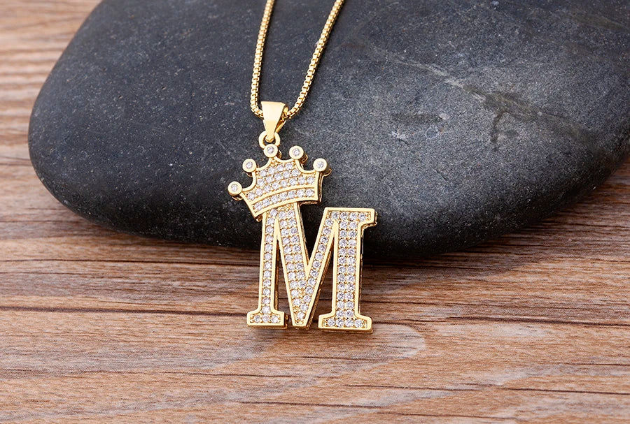 Nidin Luxury A-Z Crown Alphabet Pendant – Copper Zircon Initial Necklace Chain, Hip-Hop Style Jewelry for Men & Women