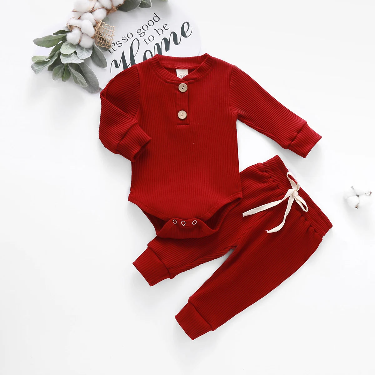 Unisex Baby 2-Piece Outfit Set - Long-Sleeve Ribbed or Plaid Bodysuit with Elastic Pants for Spring & Autumn