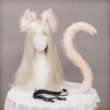 Plush Cat Ears Headband & Tail Set - Realistic Lolita Cosplay Accessories, Handmade Animal Ears for Halloween & Kawaii Costumes
