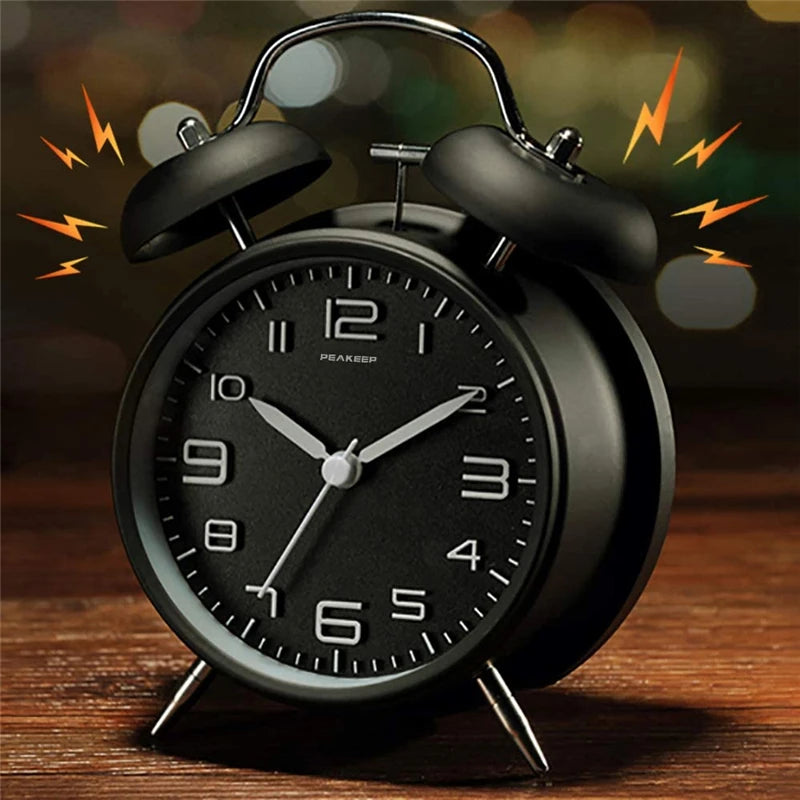 4 Inch Twin Bell Metal Alarm Clock – Loud Mechanical Desk Clock with Backlight 3D Dial, Battery Operated for Home & Office Use