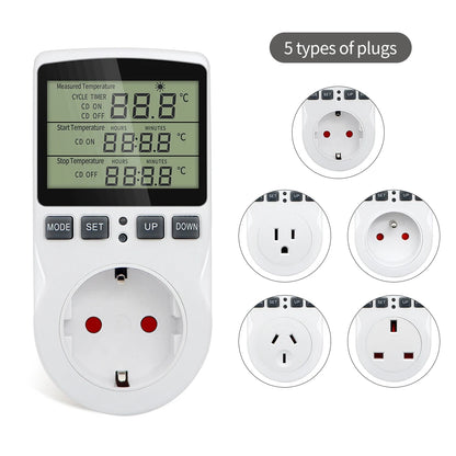KT3100 Temperature Controller - Multi-Function Thermostat Outlet with Timer, Sensor Probe & Heating/Cooling Control