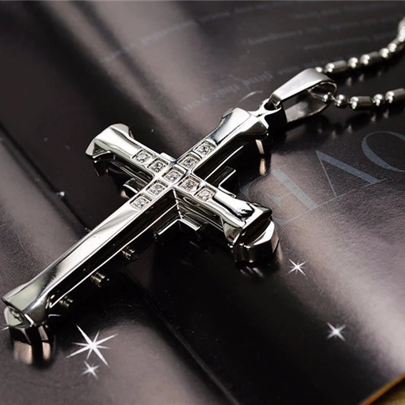 SUMENG 2025 Crystal Cross Jesus Pendant Necklace – Stainless Steel Gold/Black/Blue Zirconia Religious Jewelry for Men, Fashion Christian Gift