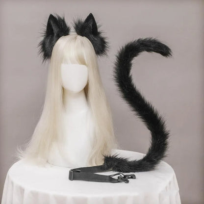 Plush Cat Ears Headband & Tail Set - Realistic Lolita Cosplay Accessories, Handmade Animal Ears for Halloween & Kawaii Costumes