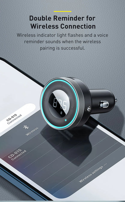 Baseus Bluetooth 5.0 FM Transmitter – Wireless Car Kit with USB Fast Charger, AUX, MP3 Player & Hands-Free Calling