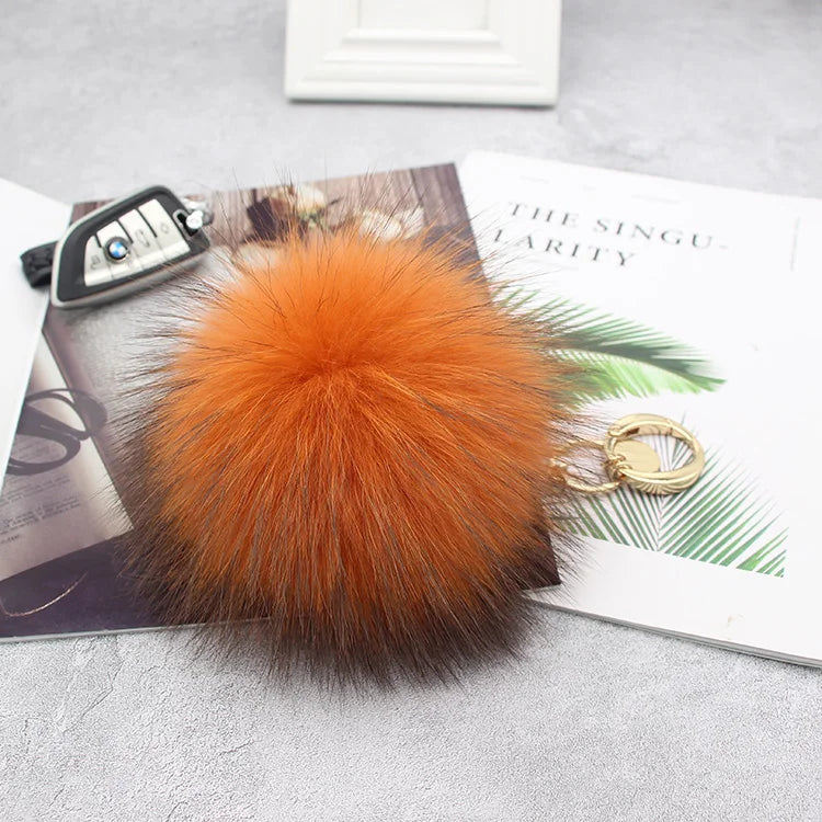 Luxury 15cm Fluffy Real Raccoon Fur Pom Pom Keychain – High-Quality Metal Ring Pendant for Women