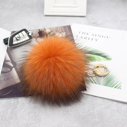 Luxury 15cm Fluffy Real Raccoon Fur Pom Pom Keychain – High-Quality Metal Ring Pendant for Women