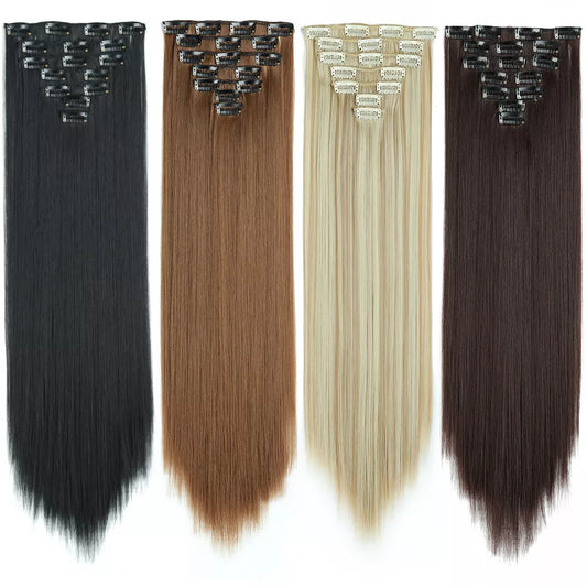 24-Inch Long Straight Synthetic Hair Extensions - Blonde & Black, Heat Resistant, 16 Clips-In Hairstyle Enhancement