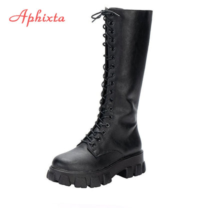 Aphixta 2025 Women’s Winter Knee-High Boots – White PU Leather Lace-Up Platform Fashion Shoes