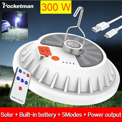 300W Rechargeable LED Solar Lantern - Portable Remote-Controlled Emergency Light for Camping and Home