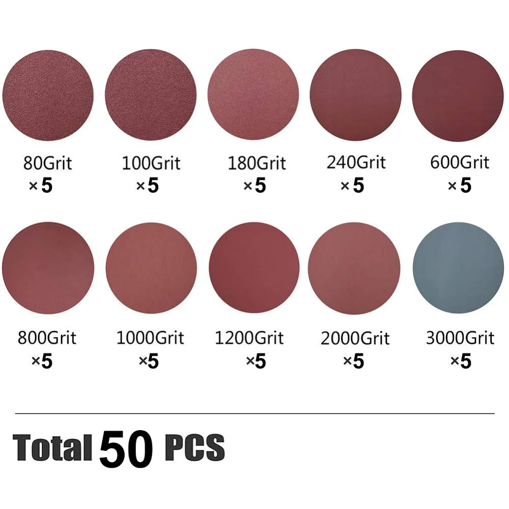 50Pcs 6-Inch Hook & Loop Sanding Discs Set – Aluminium Oxide Sandpaper 80–3000 Grit for Wood & Metal Polishing and Smoothing