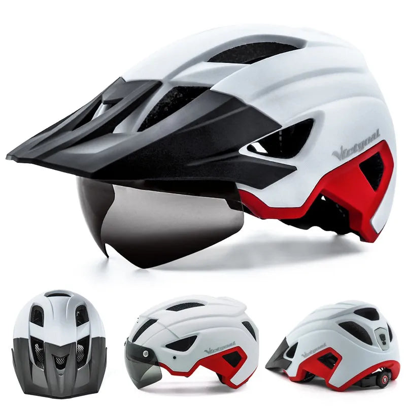 VICTGOAL LED Bike Helmet – Rechargeable Men’s Cycling Helmet with Sun Goggle Visor & Sunglasses Shield for Road & MTB Cycling
