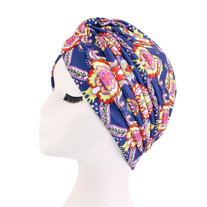 African Print Turban Head Wrap - Soft Stretch Twisted Pleated Beanie Bonnet for Women, Headtie & Chemo Cap